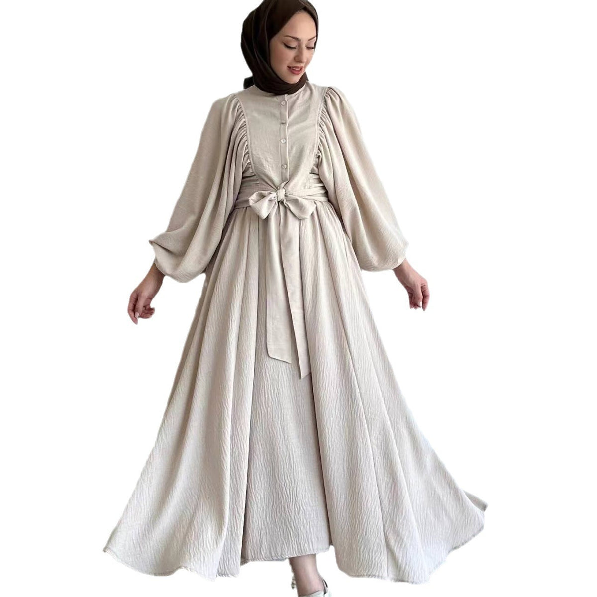 Muslim Fashion Suit Bishop Sleeves Top Swing Mid-length Dress Set - Meesal