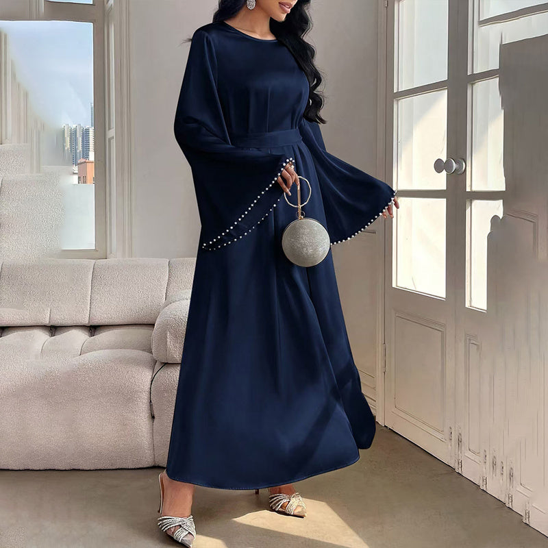 Elegant Round Neck Solid Color Flared Maxi Dress Long Sleeve With Pearl Cuff Detail, Modest A-Line Middle Eastern Abaya Party & Vacation Dress For Women - Meesal