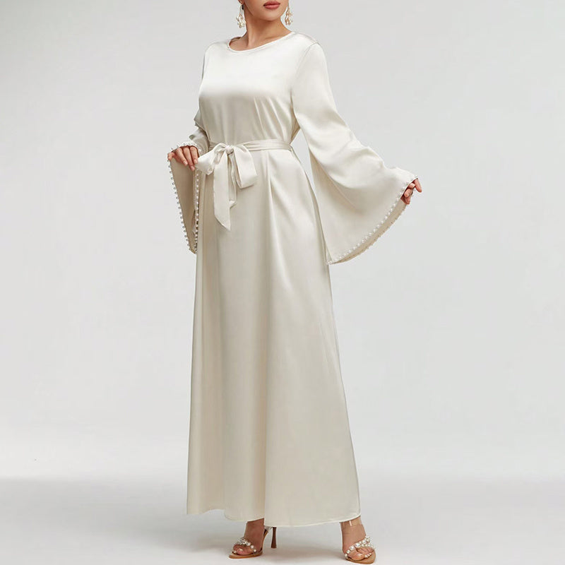Elegant Round Neck Solid Color Flared Maxi Dress Long Sleeve With Pearl Cuff Detail, Modest A-Line Middle Eastern Abaya Party & Vacation Dress For Women - Meesal