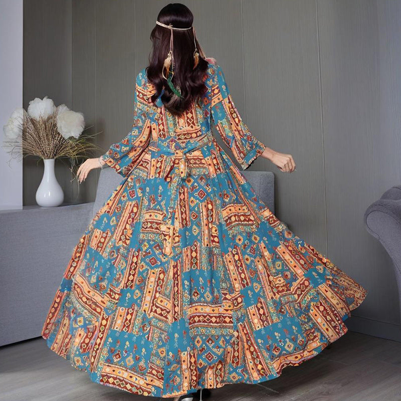 Women's Middle Eastern Style Long Sleeve Dress - Geometric Print V-Neck Embroidered Maxi Dress Boho Vacation Dress - Meesal