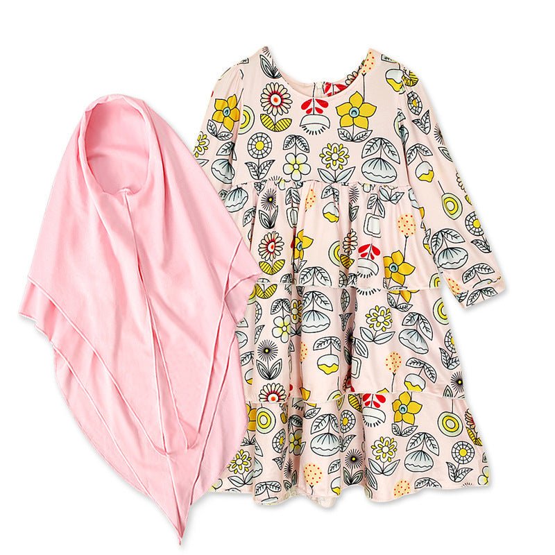 Girls Spring And Autumn Models Arab Clothing Muslim Long-Sleeved Flower Dress And Headscarf - Meesal
