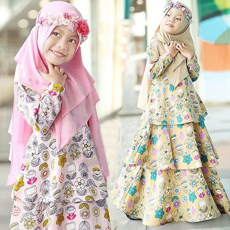 Girls Spring And Autumn Models Arab Clothing Muslim Long-Sleeved Flower Dress And Headscarf - Meesal
