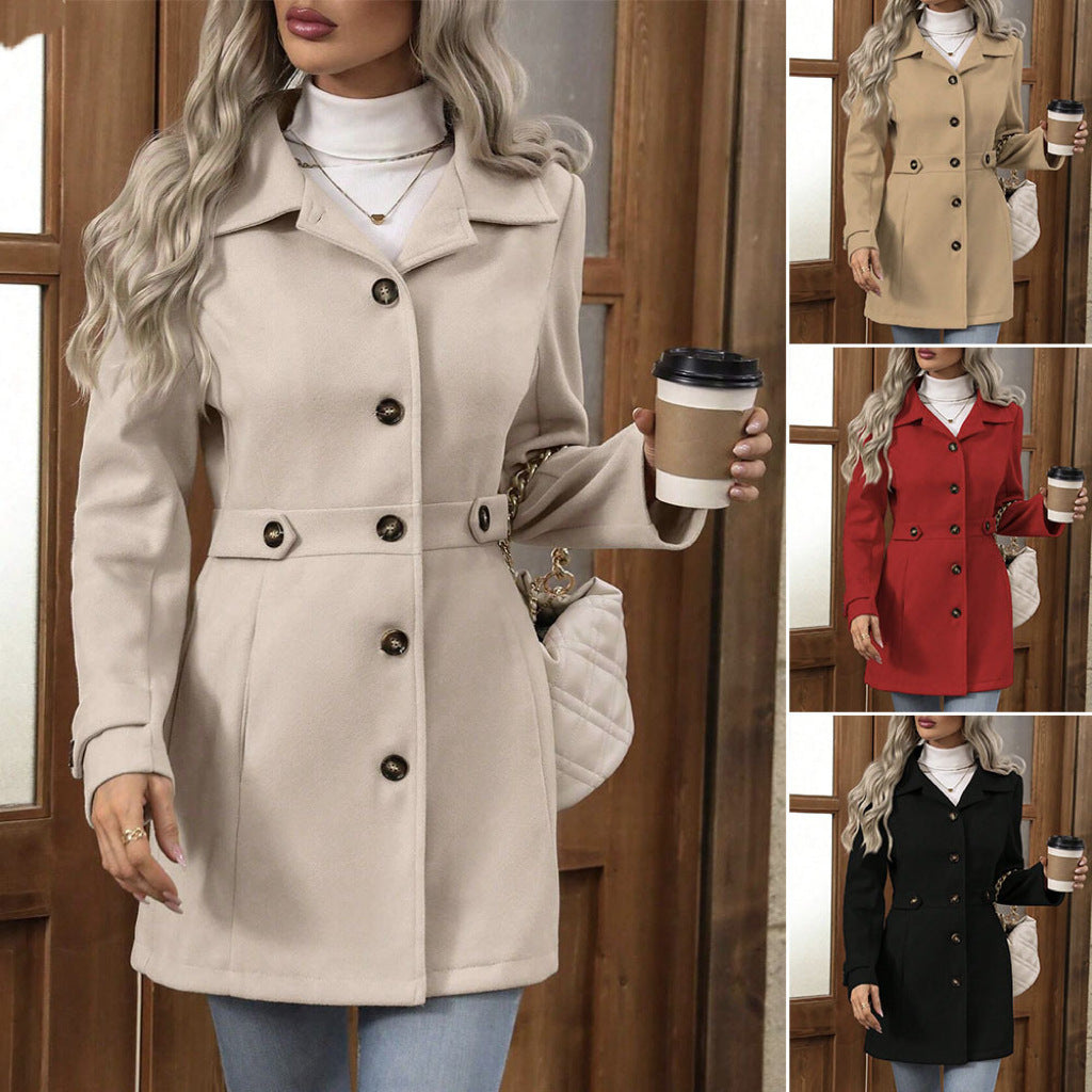 Mid-length Elegant Lapel Button Temperament Slim-fit Woolen Coat - Meesal