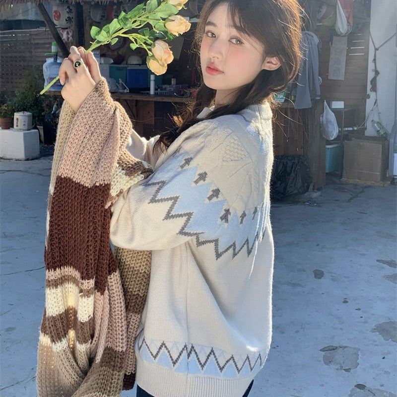 Loose Korean Style Rhombus Knitted Top - Meesal