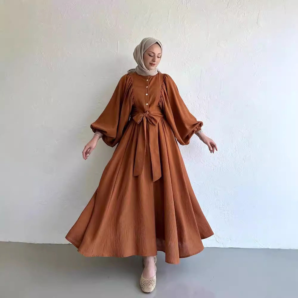 Muslim Fashion Suit Bishop Sleeves Top Swing Mid-length Dress Set - Meesal