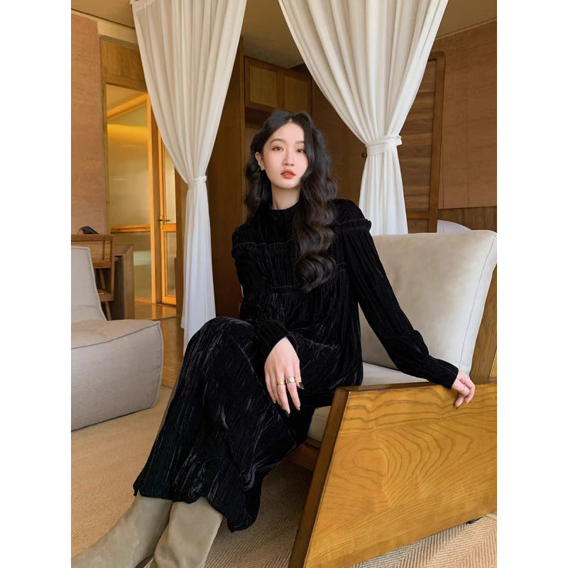 Autumn And Winter French Vintage Velvet Dress Women - Meesal