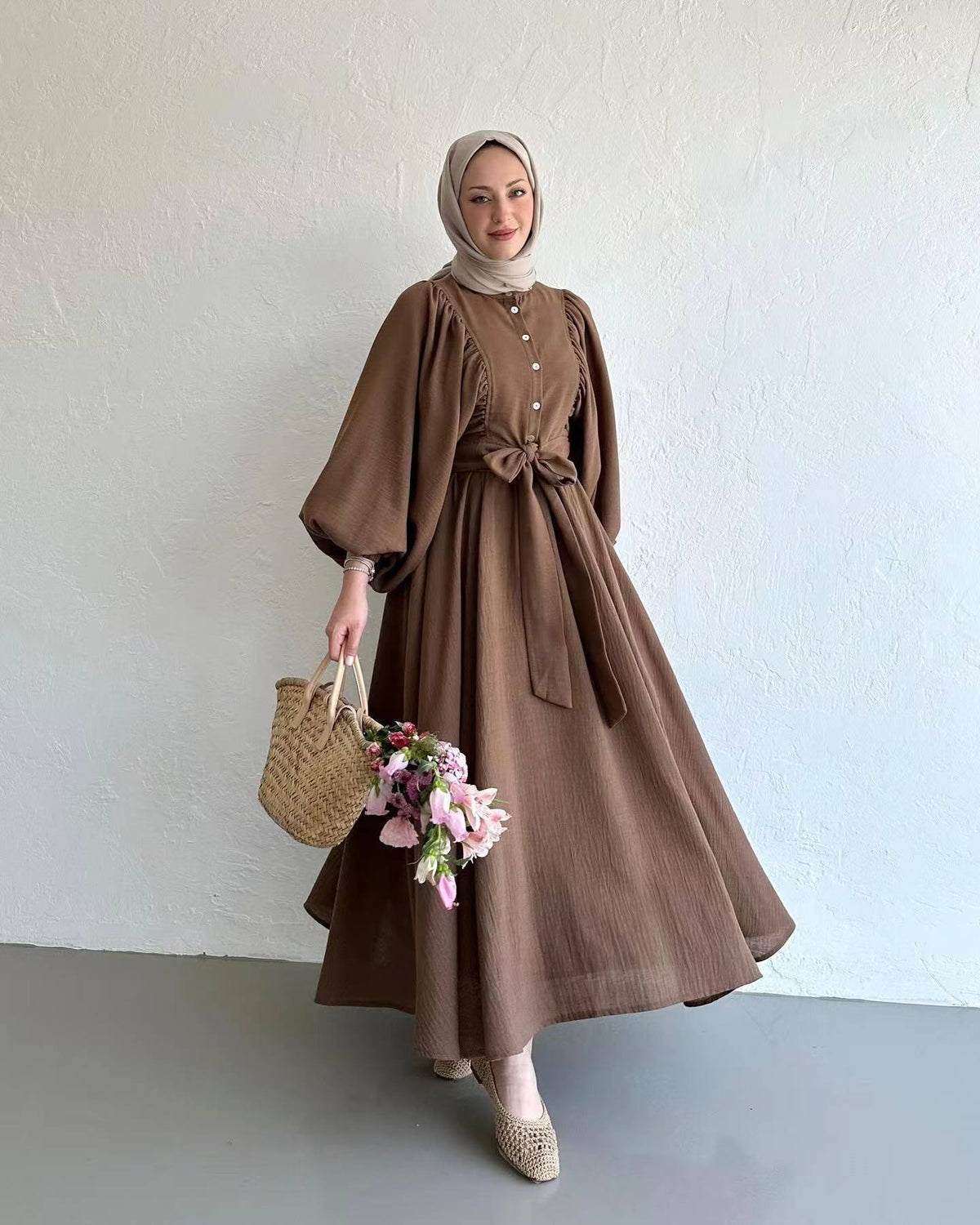 Muslim Fashion Suit Bishop Sleeves Top Swing Mid-length Dress Set - Meesal