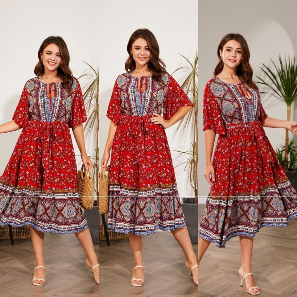 Fat Women Dresses Summer V Neck Print Beach Dress - Meesal