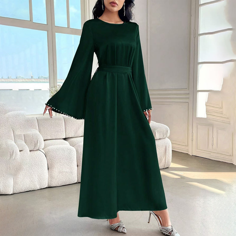 Elegant Round Neck Solid Color Flared Maxi Dress Long Sleeve With Pearl Cuff Detail, Modest A-Line Middle Eastern Abaya Party & Vacation Dress For Women - Meesal