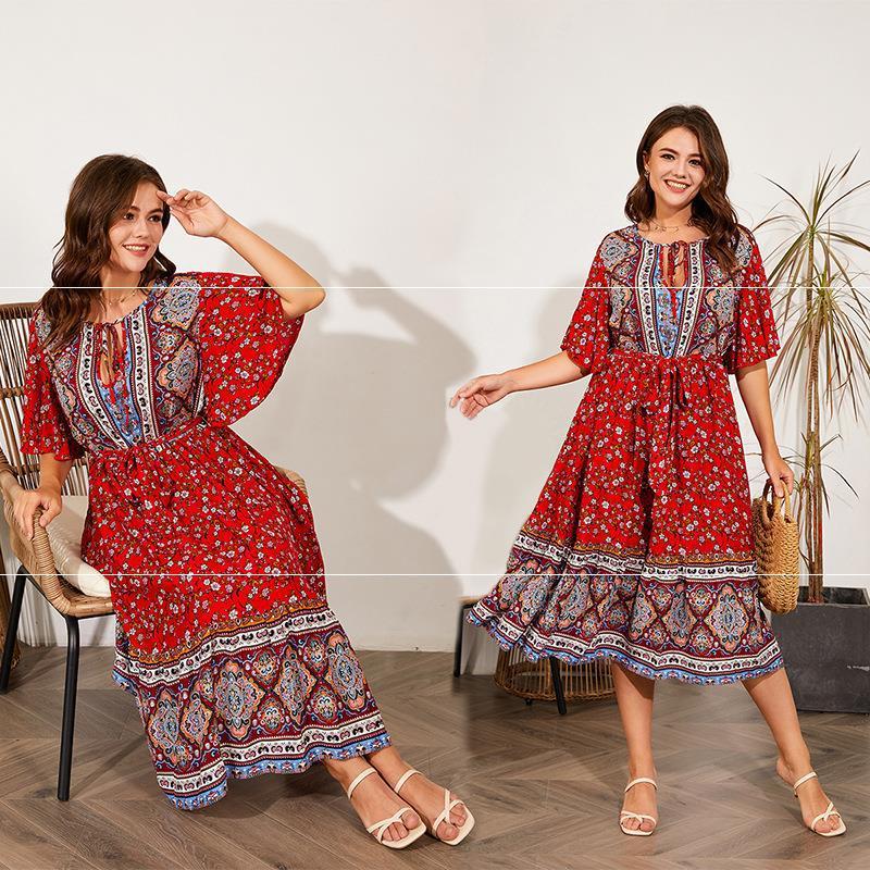 Fat Women Dresses Summer V Neck Print Beach Dress - Meesal