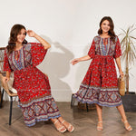 Fat Women Dresses Summer V Neck Print Beach Dress - Meesal