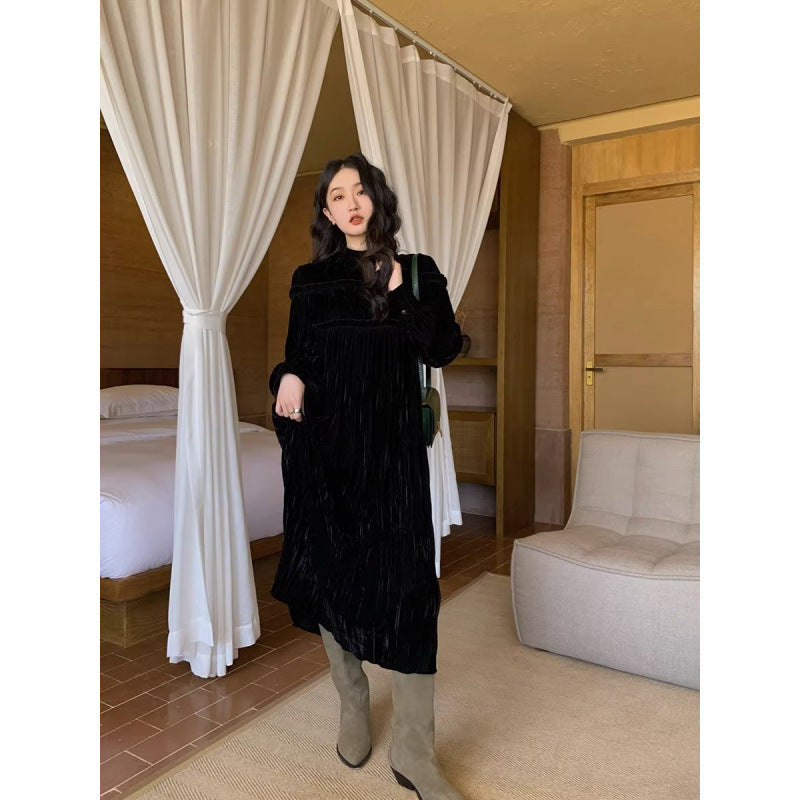 Autumn And Winter French Vintage Velvet Dress Women - Meesal