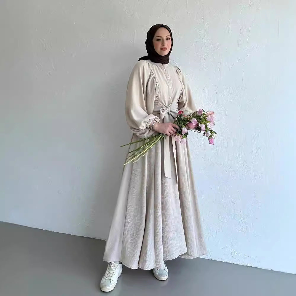Muslim Fashion Suit Bishop Sleeves Top Swing Mid-length Dress Set - Meesal