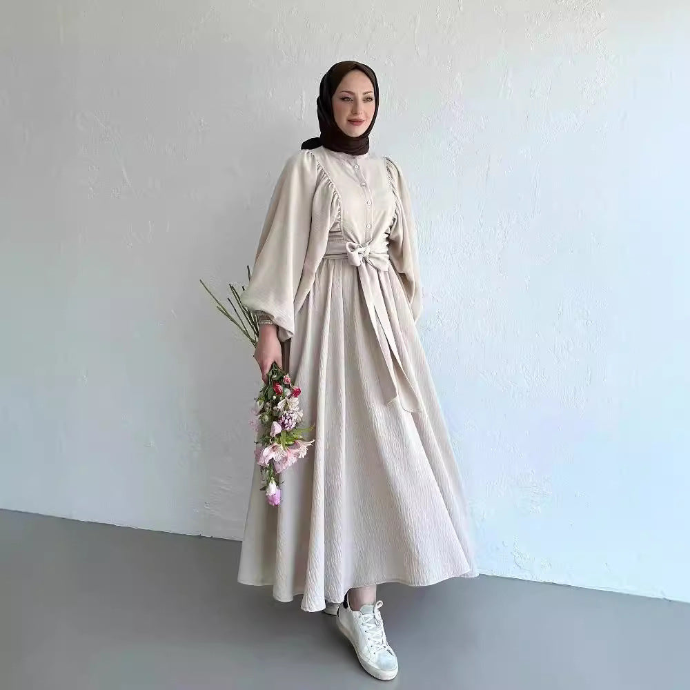 Muslim Fashion Suit Bishop Sleeves Top Swing Mid-length Dress Set - Meesal