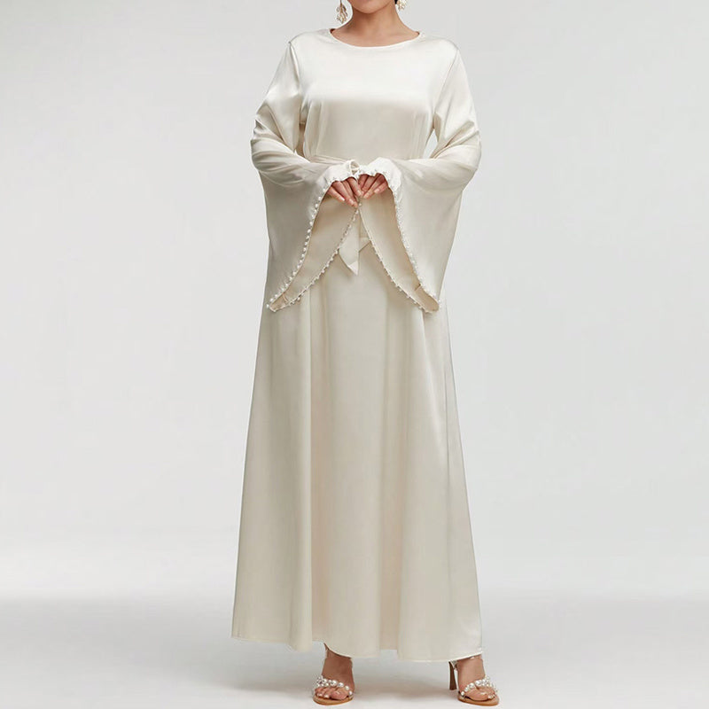 Elegant Round Neck Solid Color Flared Maxi Dress Long Sleeve With Pearl Cuff Detail, Modest A-Line Middle Eastern Abaya Party & Vacation Dress For Women - Meesal