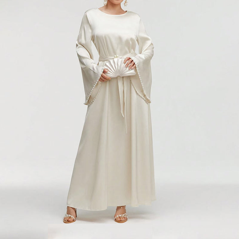 Elegant Round Neck Solid Color Flared Maxi Dress Long Sleeve With Pearl Cuff Detail, Modest A-Line Middle Eastern Abaya Party & Vacation Dress For Women - Meesal