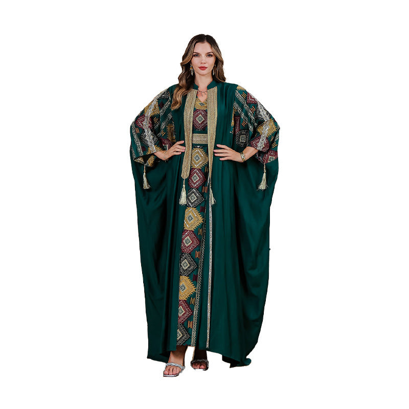 Middle East Muslim Embroidered Robe Abaya Light Luxury Evening Gown Two-piece Set Dress - Meesal