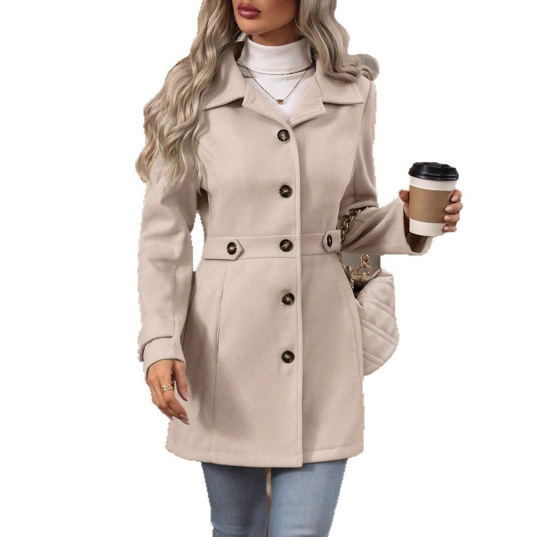 Mid-length Elegant Lapel Button Temperament Slim-fit Woolen Coat - Meesal