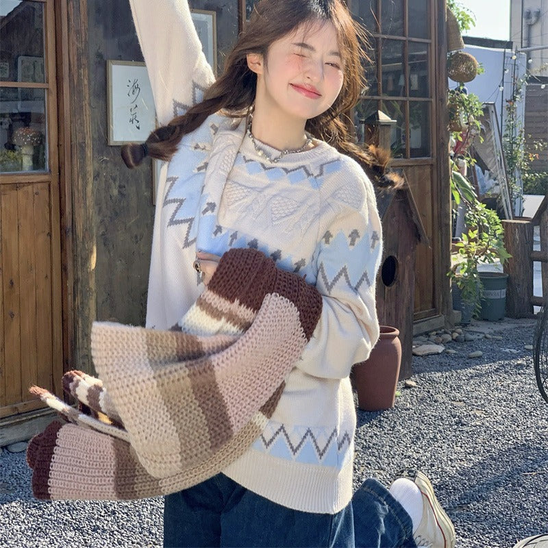 Loose Korean Style Rhombus Knitted Top - Meesal