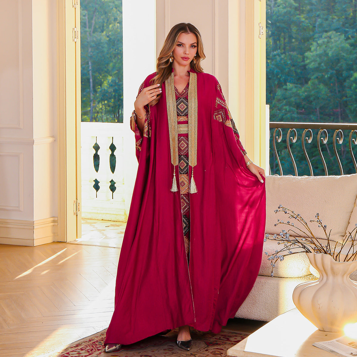 Middle East Muslim Embroidered Robe Abaya Light Luxury Evening Gown Two-piece Set Dress - Meesal