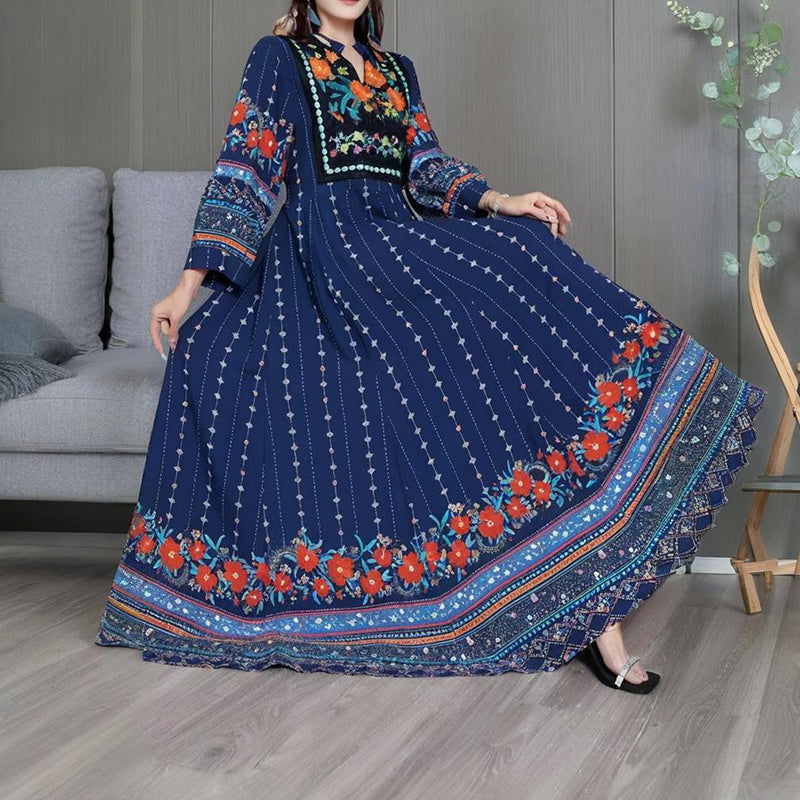 Women's Ethnic Style V-Neck Long Sleeve Dress - Embroidered Floral Pattern A-Line Maxi Dress With Printed Hem Middle Eastern Inspired Fashion - Meesal