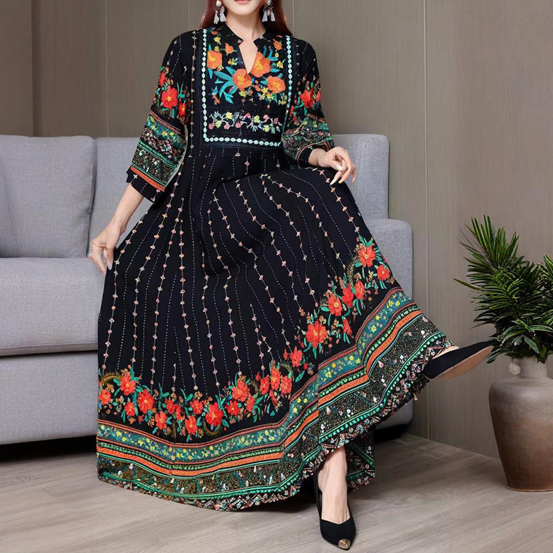 Women's Ethnic Style V-Neck Long Sleeve Dress - Embroidered Floral Pattern A-Line Maxi Dress With Printed Hem Middle Eastern Inspired Fashion - Meesal