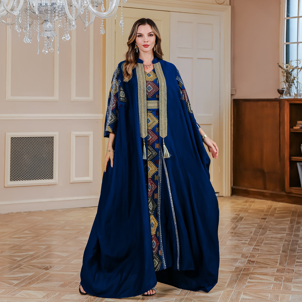Middle East Muslim Embroidered Robe Abaya Light Luxury Evening Gown Two-piece Set Dress - Meesal