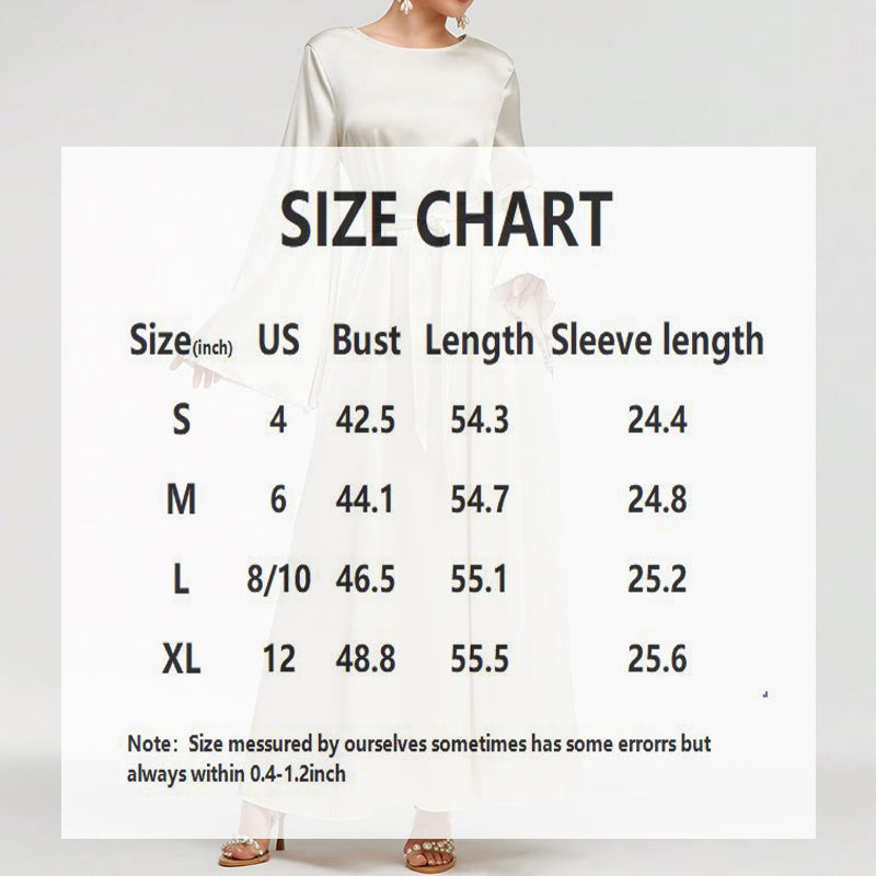 Elegant Round Neck Solid Color Flared Maxi Dress Long Sleeve With Pearl Cuff Detail, Modest A-Line Middle Eastern Abaya Party & Vacation Dress For Women - Meesal