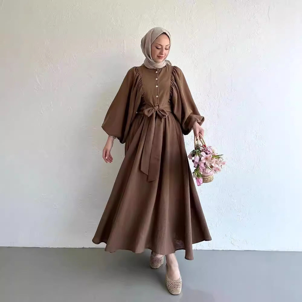 Muslim Fashion Suit Bishop Sleeves Top Swing Mid-length Dress Set - Meesal