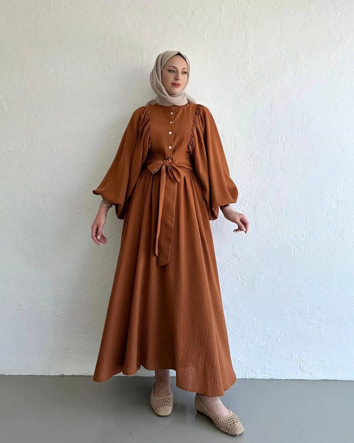 Muslim Fashion Suit Bishop Sleeves Top Swing Mid-length Dress Set - Meesal