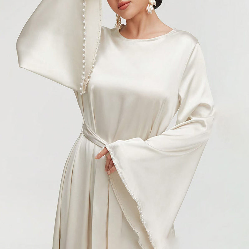 Elegant Round Neck Solid Color Flared Maxi Dress Long Sleeve With Pearl Cuff Detail, Modest A-Line Middle Eastern Abaya Party & Vacation Dress For Women - Meesal