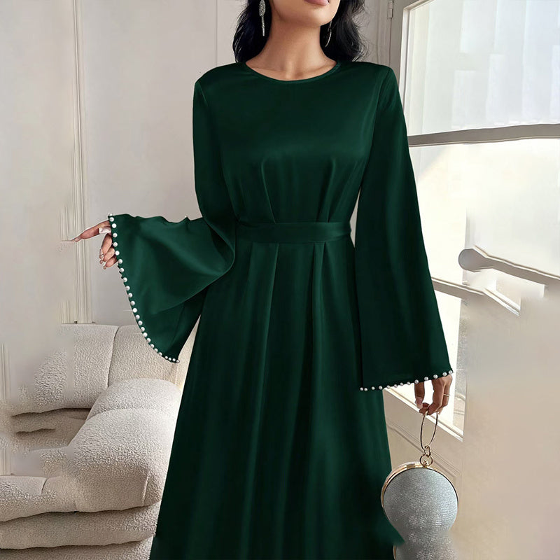 Elegant Round Neck Solid Color Flared Maxi Dress Long Sleeve With Pearl Cuff Detail, Modest A-Line Middle Eastern Abaya Party & Vacation Dress For Women - Meesal