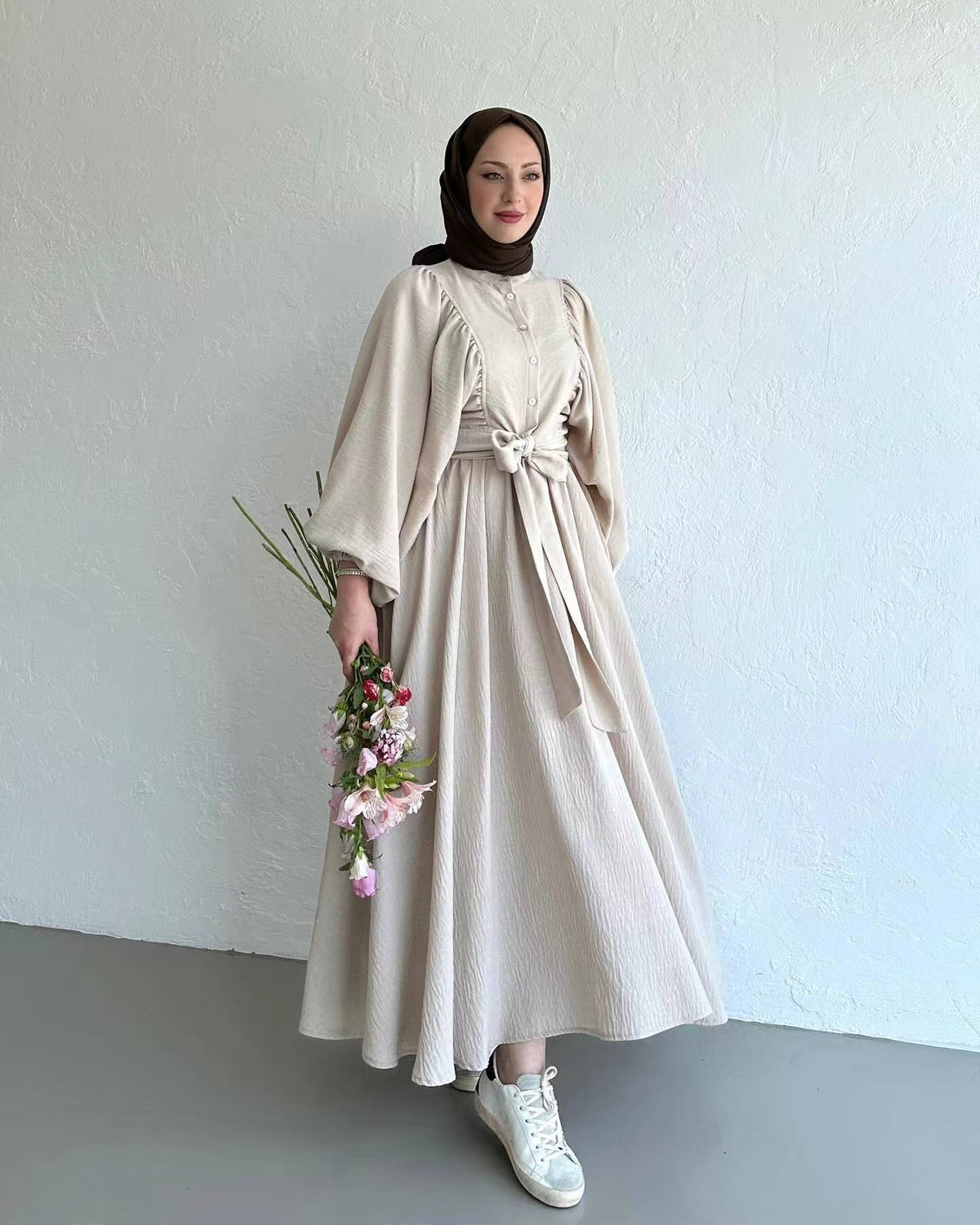 Muslim Fashion Suit Bishop Sleeves Top Swing Mid-length Dress Set - Meesal