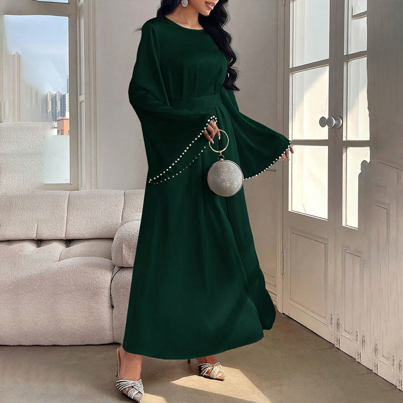 Elegant Round Neck Solid Color Flared Maxi Dress Long Sleeve With Pearl Cuff Detail, Modest A-Line Middle Eastern Abaya Party & Vacation Dress For Women - Meesal