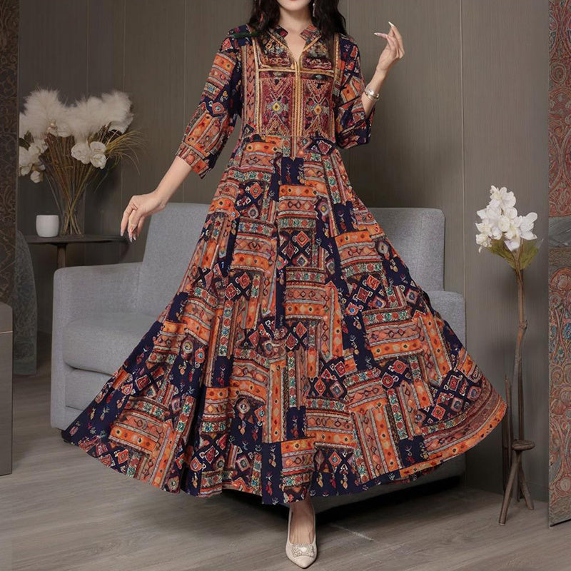 Women's Middle Eastern Style Long Sleeve Dress - Geometric Print V-Neck Embroidered Maxi Dress Boho Vacation Dress - Meesal