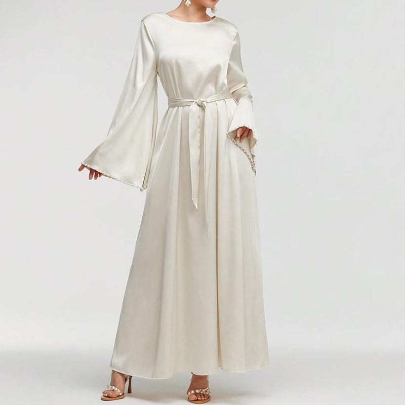 Elegant Round Neck Solid Color Flared Maxi Dress Long Sleeve With Pearl Cuff Detail, Modest A-Line Middle Eastern Abaya Party & Vacation Dress For Women - Meesal