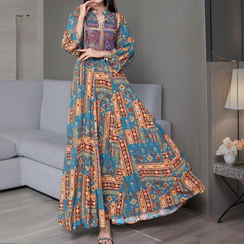 Women's Middle Eastern Style Long Sleeve Dress - Geometric Print V-Neck Embroidered Maxi Dress Boho Vacation Dress - Meesal