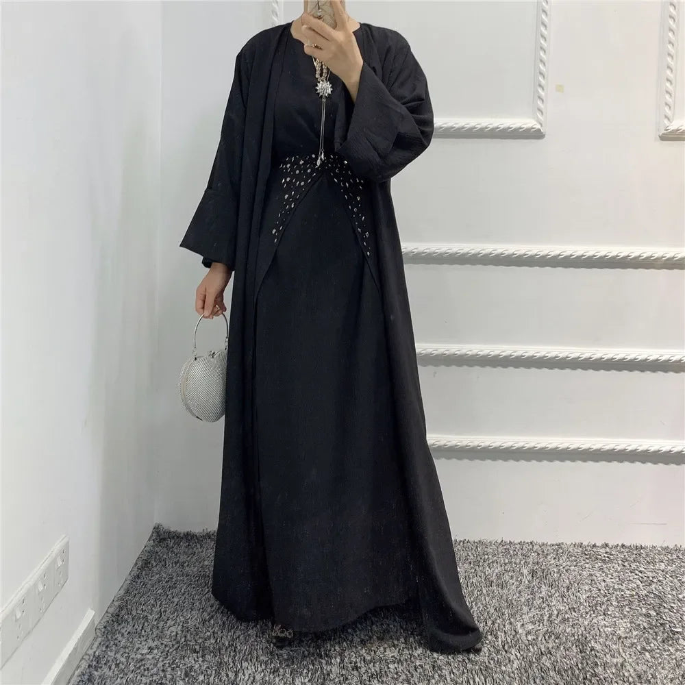 Eid Ramadan Muslim Arabic Abaya Islamic Women 3pcs/4pcs Suits Beads Open Kimono+Wrap+Dress Middle East Dubai Kaftan Turkey Sets - Meesal