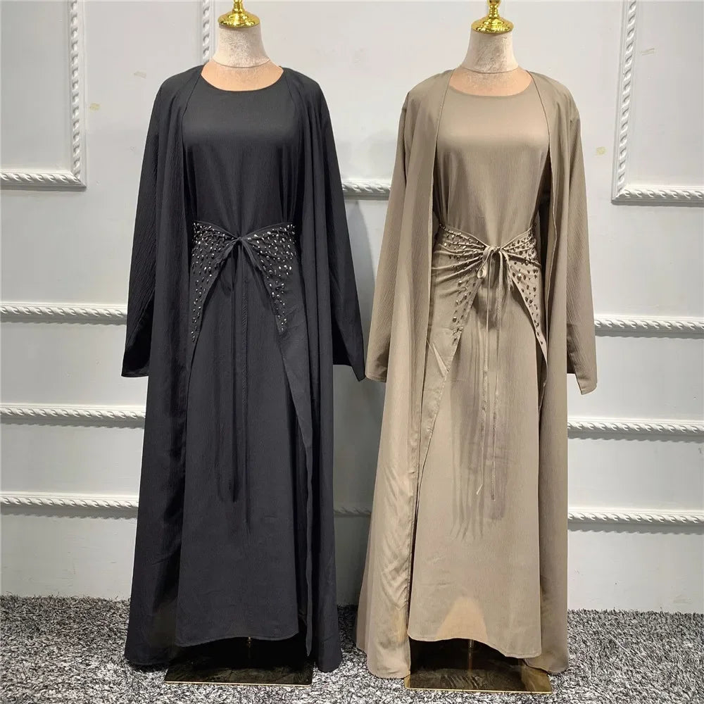Eid Ramadan Muslim Arabic Abaya Islamic Women 3pcs/4pcs Suits Beads Open Kimono+Wrap+Dress Middle East Dubai Kaftan Turkey Sets - Meesal