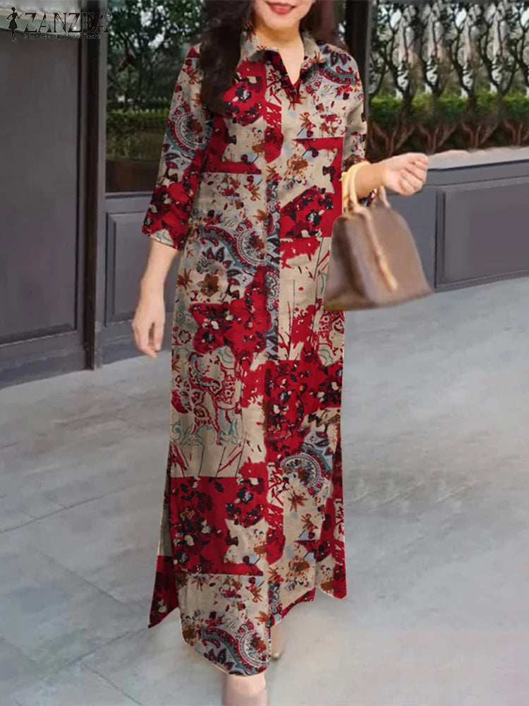Vintage Women Dresses Floral Print Long Dress Autumn 3/4 Sleeve Shirt Dress 2025 ZANZEA Fashion Holiday Cotton Sundress - Meesal