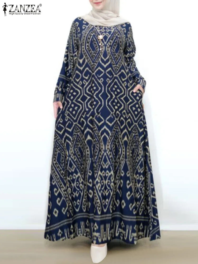 ZANZEA Women Spring Muslim Abaya Maxi Long Dress Vintage Long Sleeve Floral Printed Sundress Robe Femme Turkey Hijab Vestido - Meesal