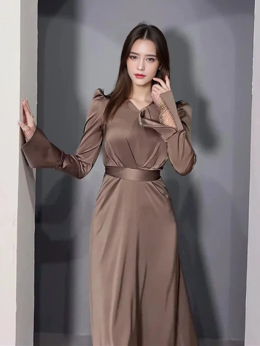 Eid Muslim Dress for Women V Neck Belt Satin Maxi Long Dresses Abaya Ramadan Lace-up Abayas Kaftan Dubai Arab Modest Long Robe