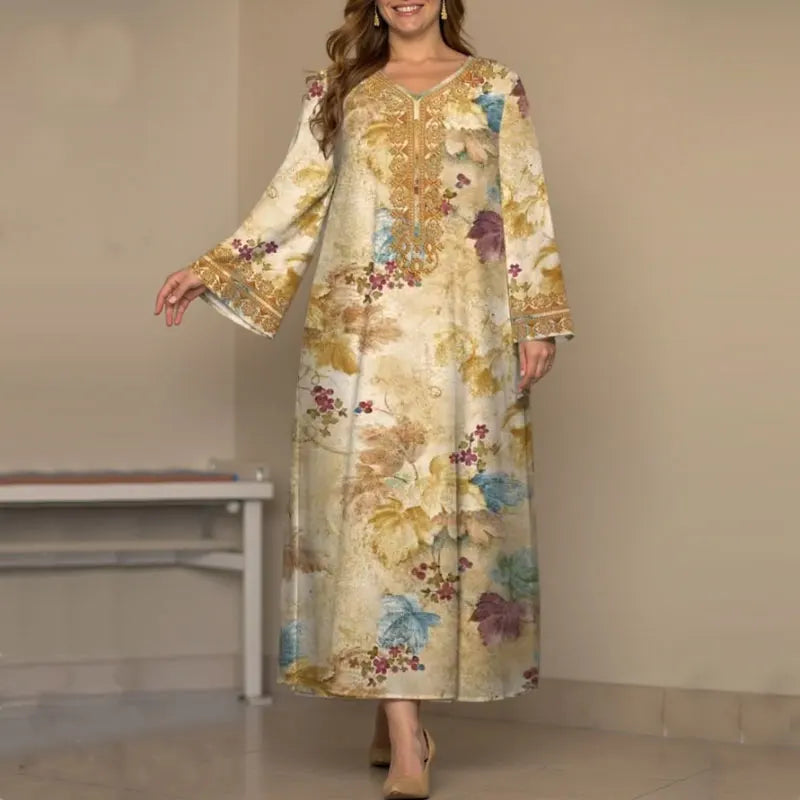 Muslim Diamonds Pressed 2025 New Arrivals Pure Silk Long Sleeve Flower Printing Vintage Casual High Quality Women Midi Dress - Meesal