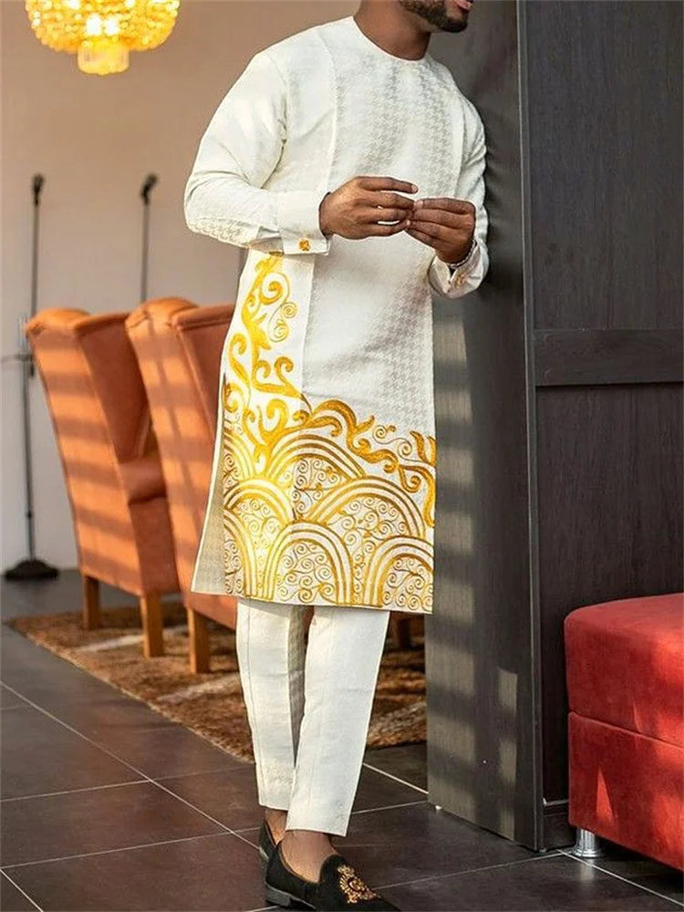 Men's casual white geometric print suit - Meesal