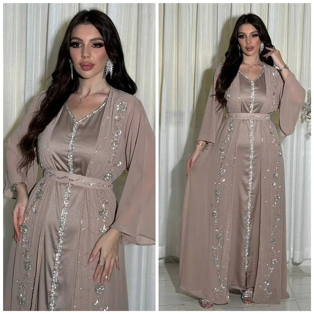Muslim Middle East Diamonds Jalabiya Women 2 Pieces Dress Set Dubai Turkey Kaftan Abaya Marocain Robe Arabic Djellaba Eid Gown - Meesal