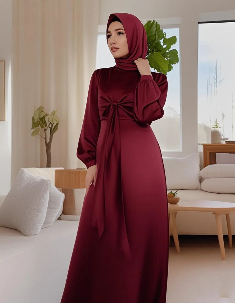Arabic Muslim Women Modest Dress Elegant Dubai Satin Abaya Islamic Party Clothing Holiday Travel Outfit 2025 Turkey Robe - Meesal