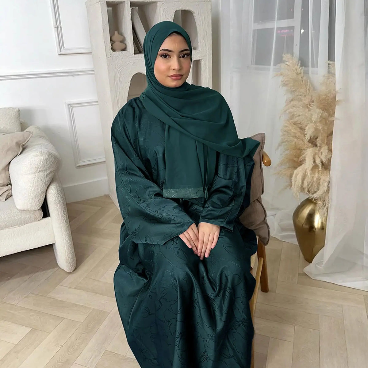 Middle East Dubai Turkey Fashion Jacquard Dress Women Muslim Long Loose Maxi Dress Abaya Robe Solid Color Elegant - Meesal