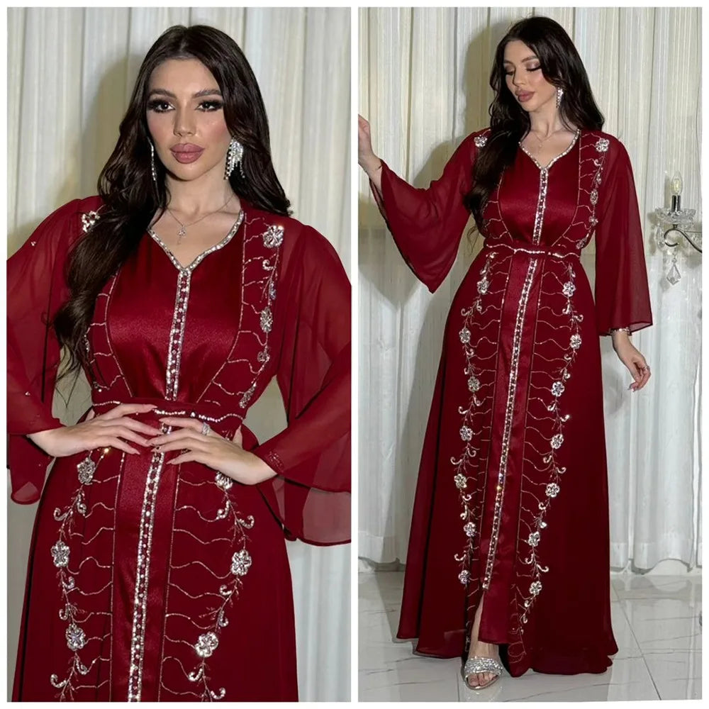 Muslim Middle East Diamonds Jalabiya Women 2 Pieces Dress Set Dubai Turkey Kaftan Abaya Marocain Robe Arabic Djellaba Eid Gown - Meesal