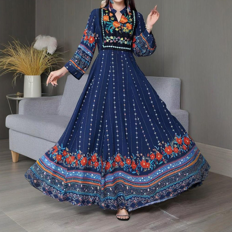 Women's Ethnic Style V-Neck Long Sleeve Dress - Embroidered Floral Pattern A-Line Maxi Dress With Printed Hem Middle Eastern Inspired Fashion - Meesal