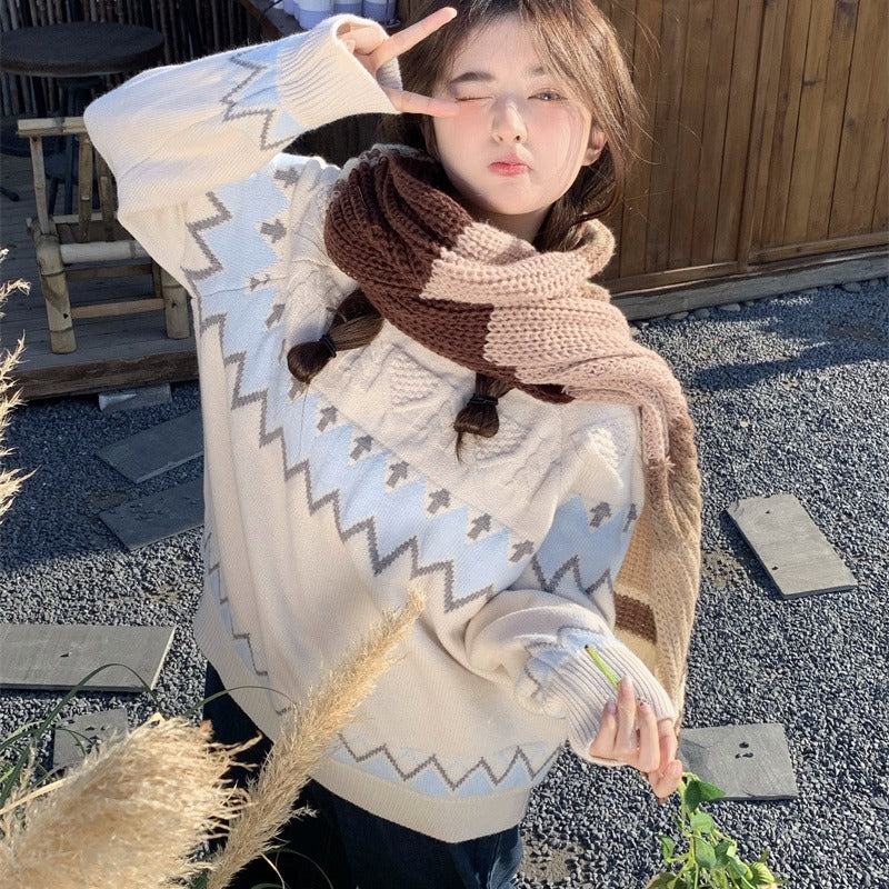 Loose Korean Style Rhombus Knitted Top - Meesal